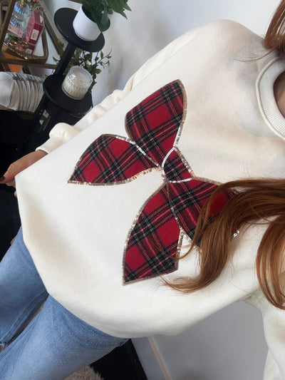 Plaid Bow Crewneck-130 - TOPS - SWEATERS/SWEATSHIRTS-SHE & SKY-[option4]-[option5]-[option6]-Leather & Lace Boutique Shop