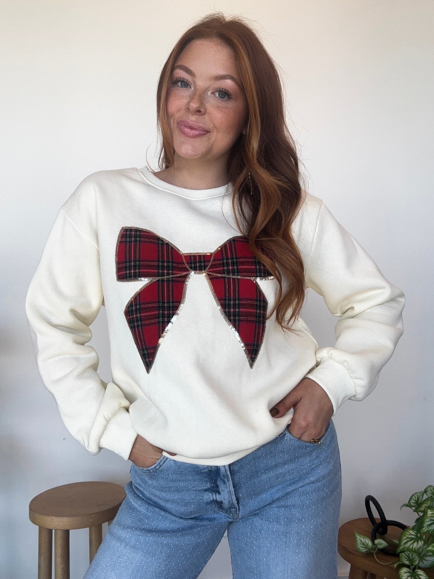 Plaid Bow Crewneck-130 - TOPS - SWEATERS/SWEATSHIRTS-SHE & SKY-[option4]-[option5]-[option6]-Leather & Lace Boutique Shop