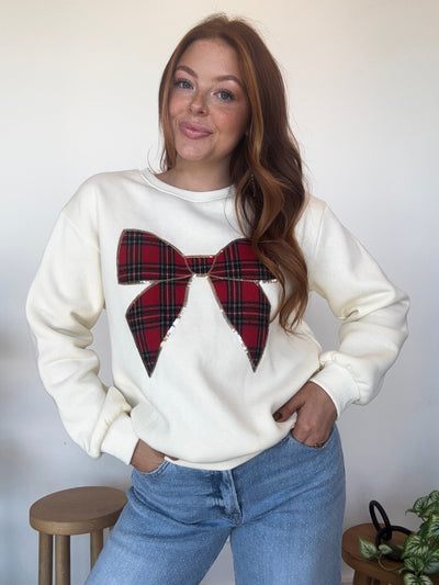 Plaid Bow Crewneck-130 - TOPS - SWEATERS/SWEATSHIRTS-SHE & SKY-[option4]-[option5]-[option6]-Leather & Lace Boutique Shop