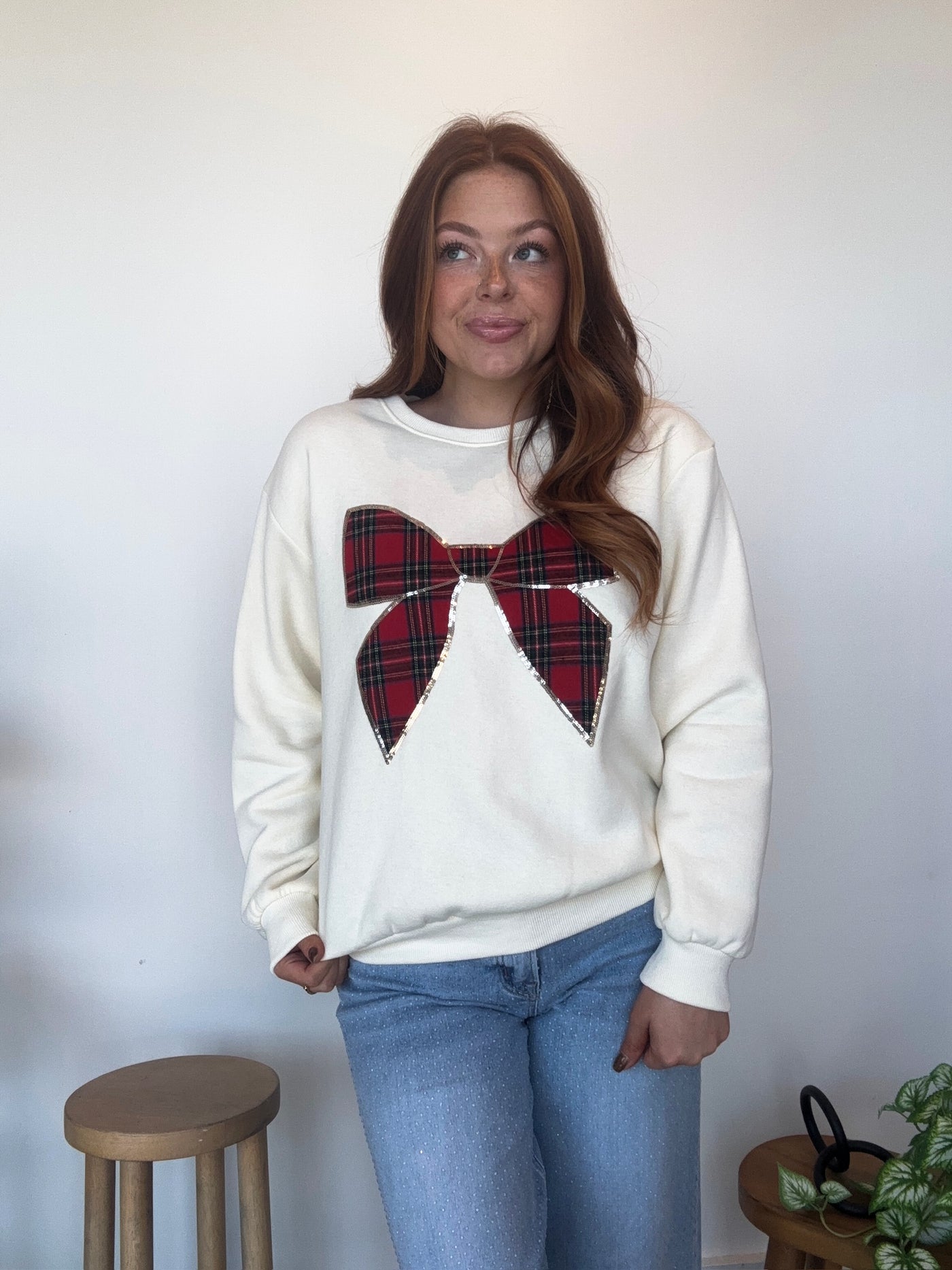 Plaid Bow Crewneck-130 - TOPS - SWEATERS/SWEATSHIRTS-SHE & SKY-[option4]-[option5]-[option6]-Leather & Lace Boutique Shop