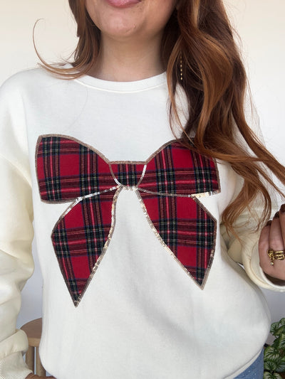 Plaid Bow Crewneck-130 - TOPS - SWEATERS/SWEATSHIRTS-SHE & SKY-[option4]-[option5]-[option6]-Leather & Lace Boutique Shop