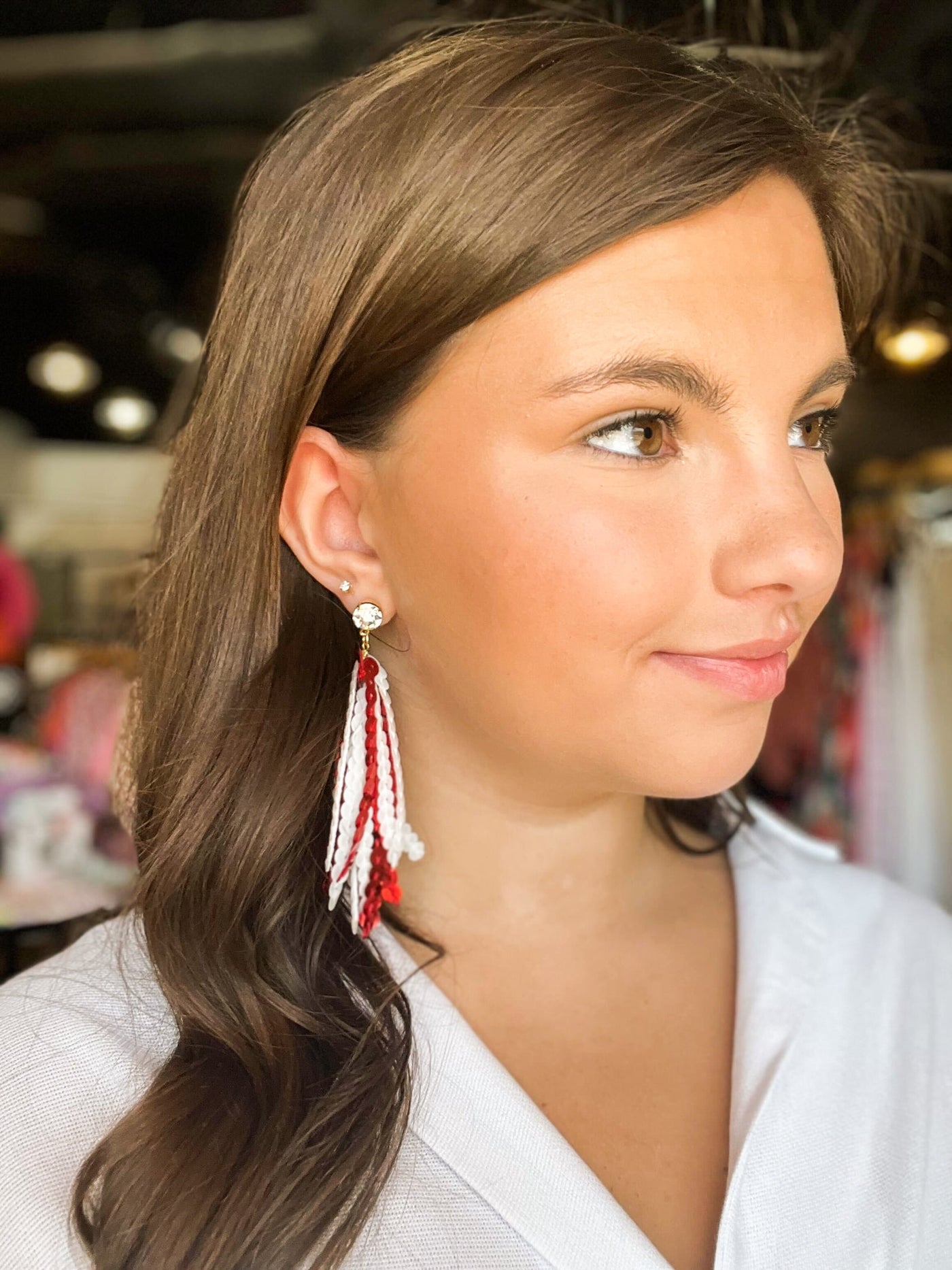 Red & White Sequin Tassel Earrings-190 - ACCESSORIES - JEWELRY-TAYLOR SHAYE-[option4]-[option5]-[option6]-Leather & Lace Boutique Shop