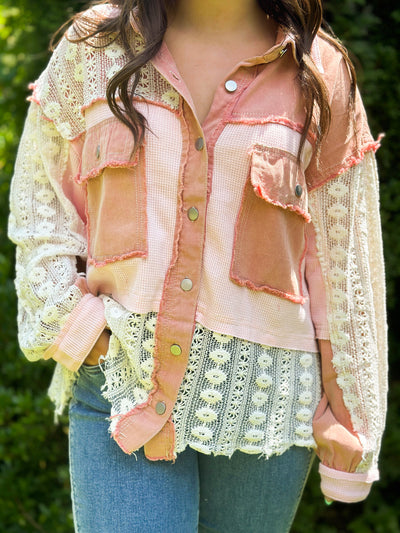 Blushing Lace Textile Shacket-140 - TOPS - LAYERS/OUTERWEAR-POL-[option4]-[option5]-[option6]-Leather & Lace Boutique Shop