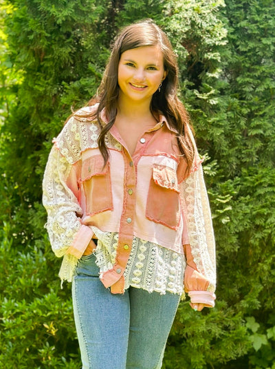 Blushing Lace Textile Shacket-140 - TOPS - LAYERS/OUTERWEAR-POL-[option4]-[option5]-[option6]-Leather & Lace Boutique Shop