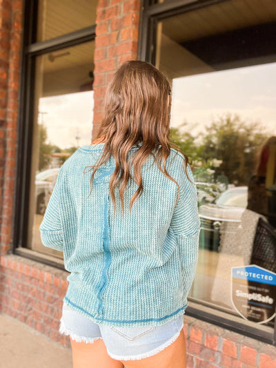 Washed Waffle Knit Long Sleeve Top- Teal-130 - TOPS - SWEATERS/SWEATSHIRTS-ZENANA-[option4]-[option5]-[option6]-Leather & Lace Boutique Shop