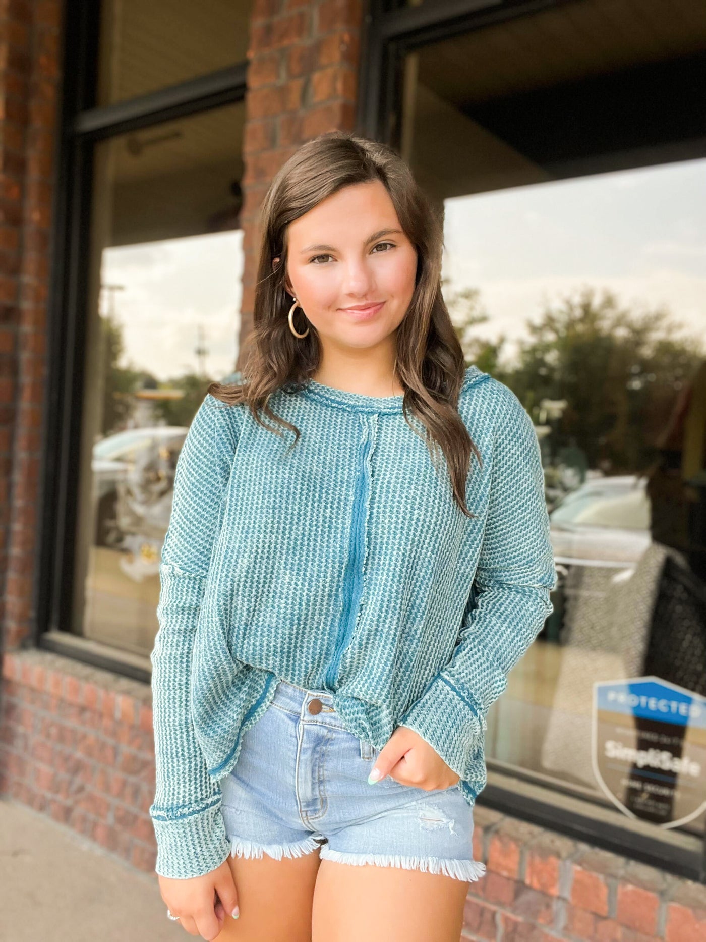 Washed Waffle Knit Long Sleeve Top- Teal-130 - TOPS - SWEATERS/SWEATSHIRTS-ZENANA-[option4]-[option5]-[option6]-Leather & Lace Boutique Shop