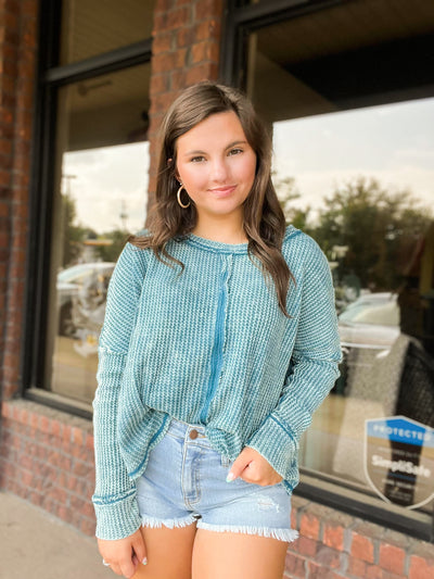 Washed Waffle Knit Long Sleeve Top- Teal-130 - TOPS - SWEATERS/SWEATSHIRTS-ZENANA-[option4]-[option5]-[option6]-Leather & Lace Boutique Shop