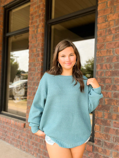 Classic Waffle Knit Sweater- Dusty Teal-130 - TOPS - SWEATERS/SWEATSHIRTS-ZENANA-[option4]-[option5]-[option6]-Leather & Lace Boutique Shop