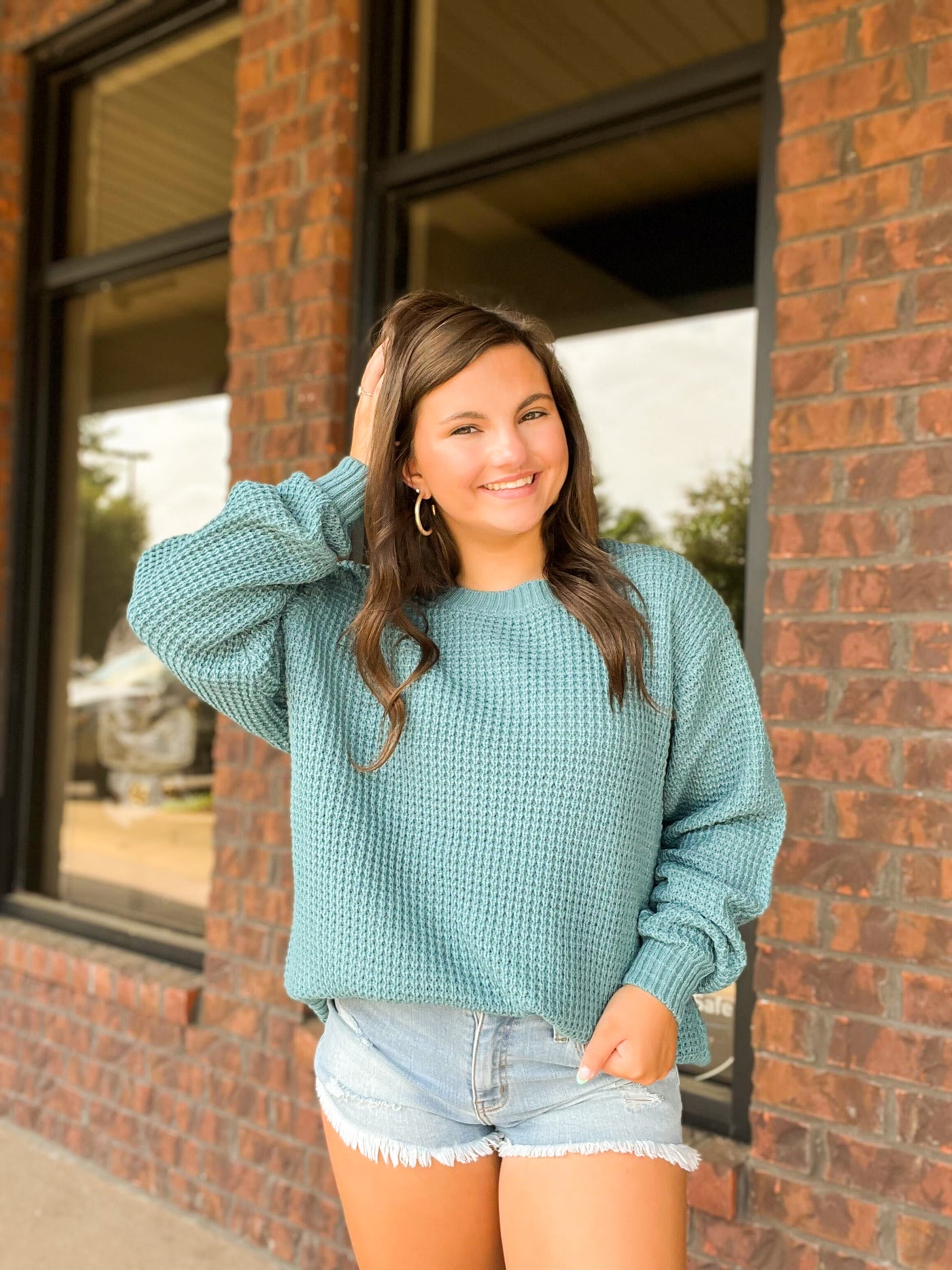 Classic Waffle Knit Sweater- Dusty Teal-130 - TOPS - SWEATERS/SWEATSHIRTS-ZENANA-[option4]-[option5]-[option6]-Leather & Lace Boutique Shop