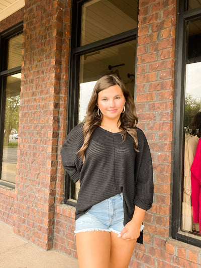 Emma 3/4 Sleeve Waffle Knit Sweater- Black-130 - TOPS - SWEATERS/SWEATSHIRTS-ZENANA-[option4]-[option5]-[option6]-Leather & Lace Boutique Shop