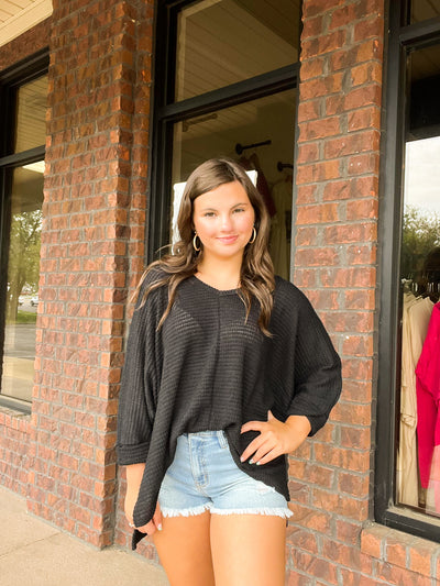 Emma 3/4 Sleeve Waffle Knit Sweater- Black-130 - TOPS - SWEATERS/SWEATSHIRTS-ZENANA-[option4]-[option5]-[option6]-Leather & Lace Boutique Shop