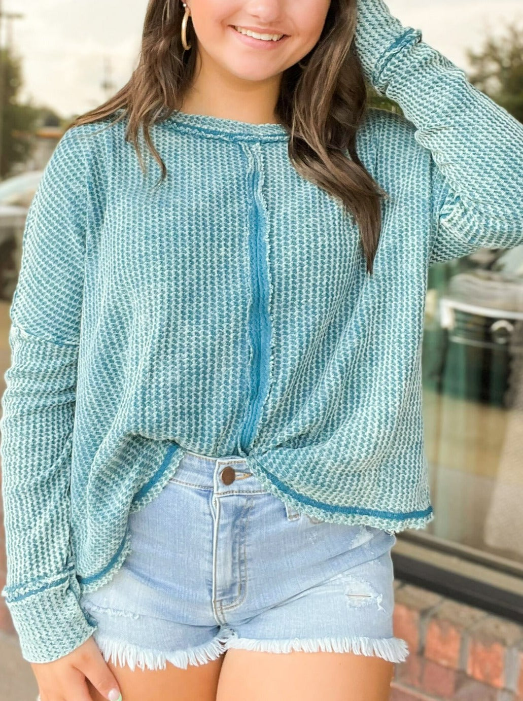 Washed Waffle Knit Long Sleeve Top- Teal-130 - TOPS - SWEATERS/SWEATSHIRTS-ZENANA-[option4]-[option5]-[option6]-Leather & Lace Boutique Shop