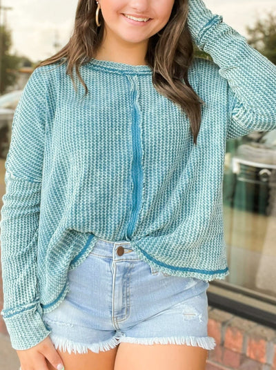 Washed Waffle Knit Long Sleeve Top- Teal-130 - TOPS - SWEATERS/SWEATSHIRTS-ZENANA-[option4]-[option5]-[option6]-Leather & Lace Boutique Shop