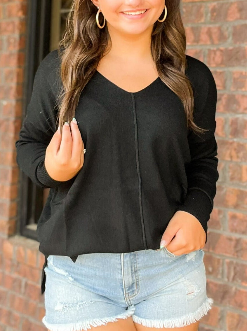 Keep It Cozy Front Seam Sweater - Black-130 - TOPS - SWEATERS/SWEATSHIRTS-ZENANA-[option4]-[option5]-[option6]-Leather & Lace Boutique Shop