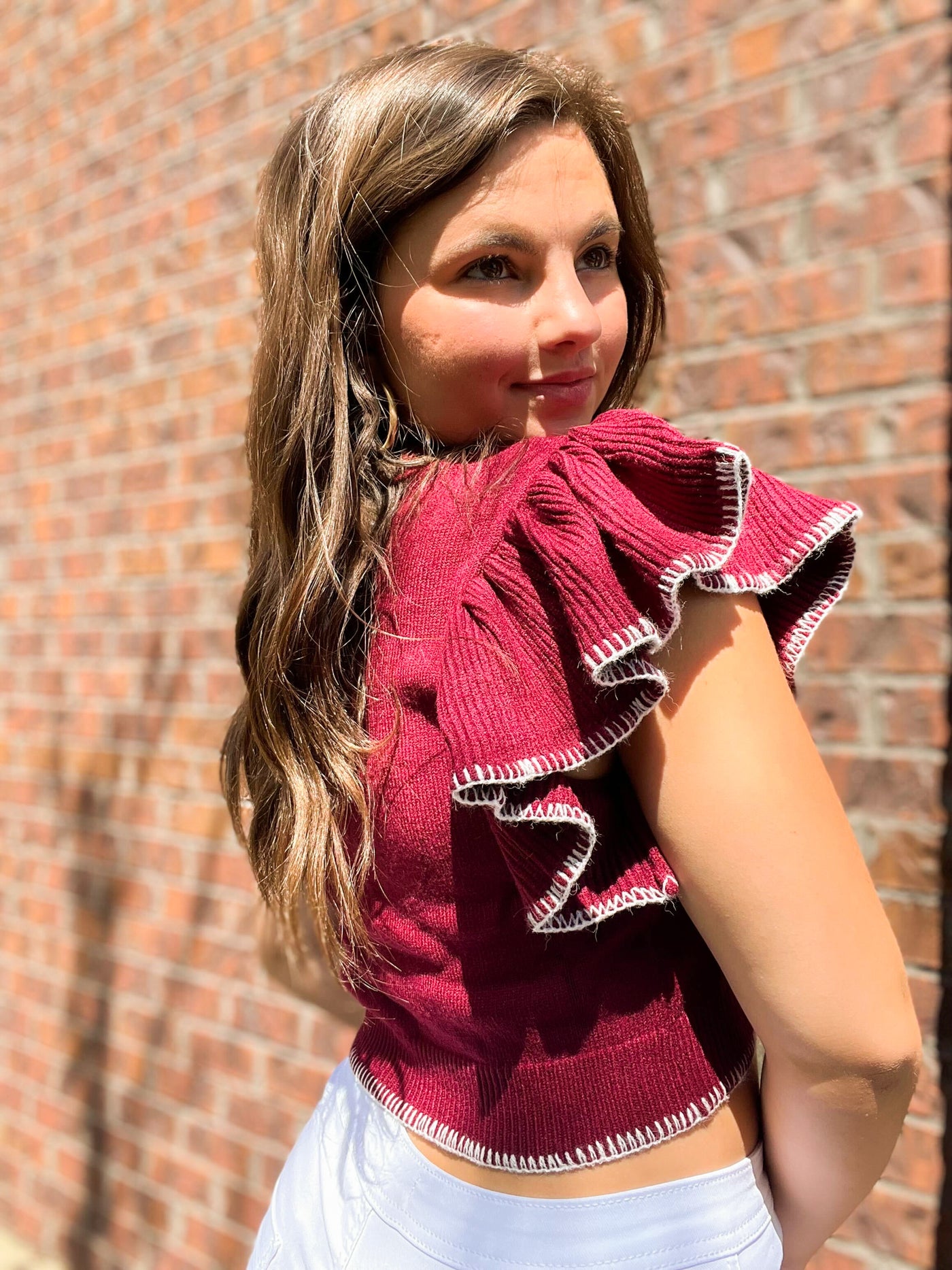 Ruffle Sleeve Cropped Sweater- Maroon-100 - TOPS - SHORT SLEEVE/SLEEVELESS-DAY + MOON-[option4]-[option5]-[option6]-Leather & Lace Boutique Shop
