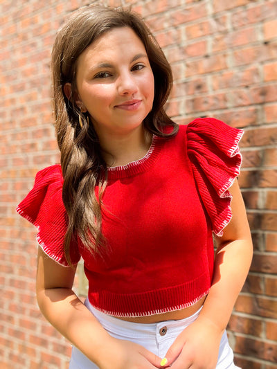 Ruffle Sleeve Cropped Sweater- Red-100 - TOPS - SHORT SLEEVE/SLEEVELESS-DAY + MOON-[option4]-[option5]-[option6]-Leather & Lace Boutique Shop