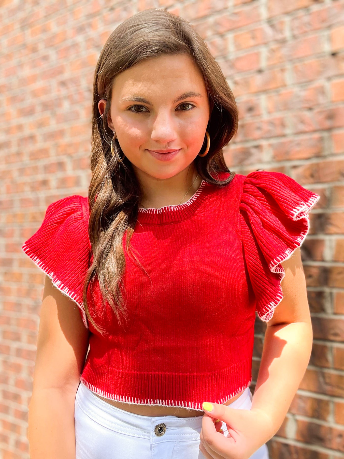 Ruffle Sleeve Cropped Sweater- Red-100 - TOPS - SHORT SLEEVE/SLEEVELESS-DAY + MOON-[option4]-[option5]-[option6]-Leather & Lace Boutique Shop