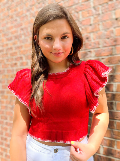 Ruffle Sleeve Cropped Sweater- Red-100 - TOPS - SHORT SLEEVE/SLEEVELESS-DAY + MOON-[option4]-[option5]-[option6]-Leather & Lace Boutique Shop