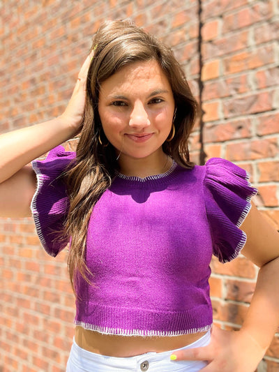 Ruffle Sleeve Cropped Sweater- Purple-100 - TOPS - SHORT SLEEVE/SLEEVELESS-DAY + MOON-[option4]-[option5]-[option6]-Leather & Lace Boutique Shop