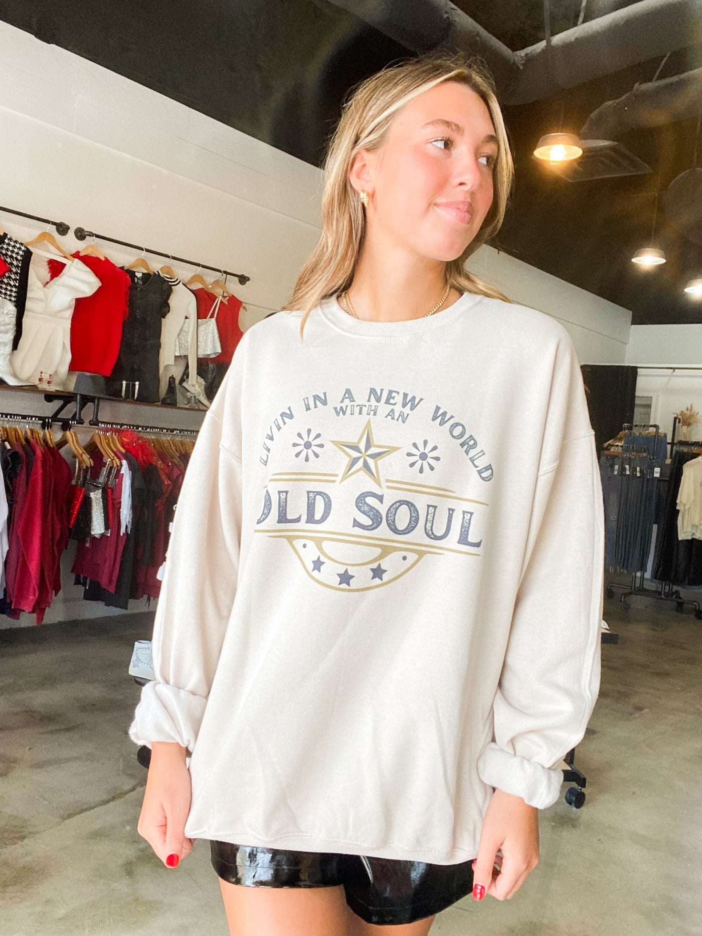 Old Soul Graphic Sweatshirt - Sand-135 - DEMAND GRAPHIC-LEATHER & LACE-[option4]-[option5]-[option6]-Leather & Lace Boutique Shop