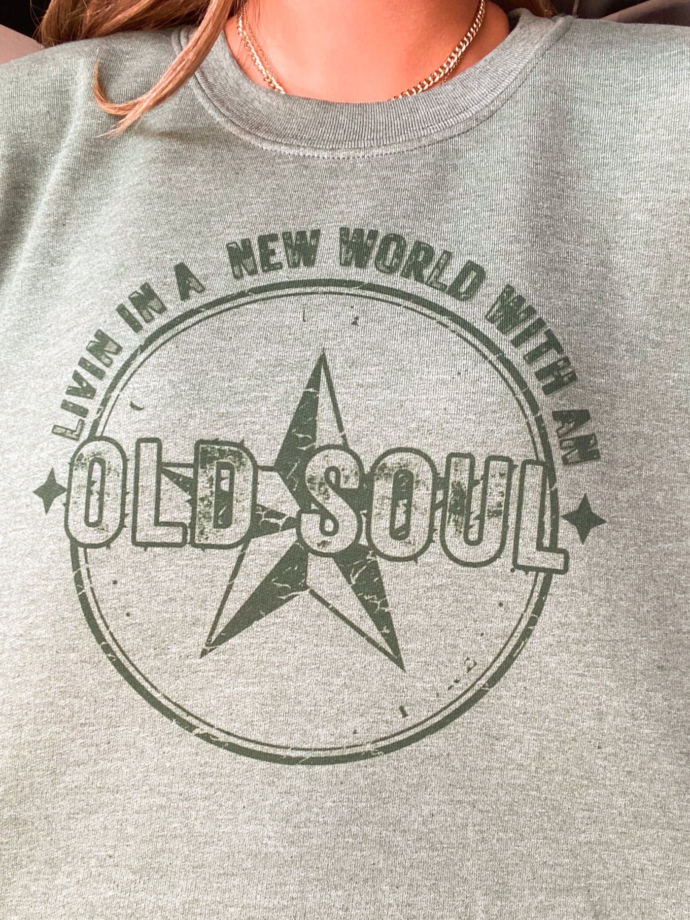 Old Soul Graphic Sweatshirt - Heather Green-135 - DEMAND GRAPHIC-LEATHER & LACE-[option4]-[option5]-[option6]-Leather & Lace Boutique Shop