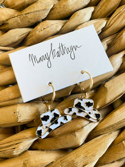Cow Print Cowboy Hat Huggies-190 - ACCESSORIES - JEWELRY-MARY KATHERINE DESIGNS-[option4]-[option5]-[option6]-Leather & Lace Boutique Shop