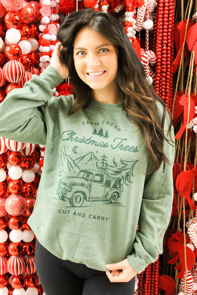 Farm Fresh Christmas Trees Graphic Sweatshirt - Dark Green-135 - DEMAND GRAPHIC-LEATHER & LACE-[option4]-[option5]-[option6]-Leather & Lace Boutique Shop