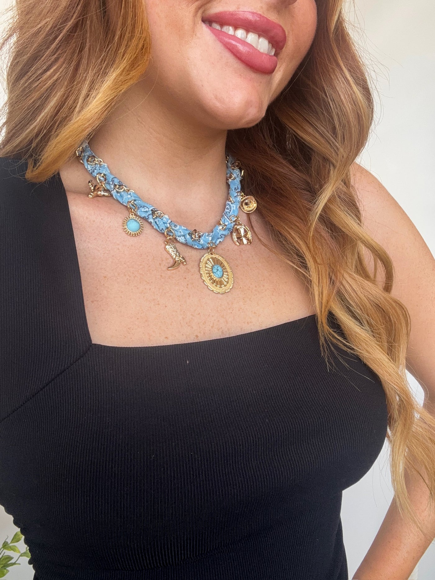 Charm Scarf Necklace- Blue-190 - ACCESSORIES - JEWELRY-FAME ACCESSORIES-[option4]-[option5]-[option6]-Leather & Lace Boutique Shop