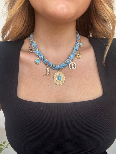 Charm Scarf Necklace- Blue-190 - ACCESSORIES - JEWELRY-FAME ACCESSORIES-[option4]-[option5]-[option6]-Leather & Lace Boutique Shop