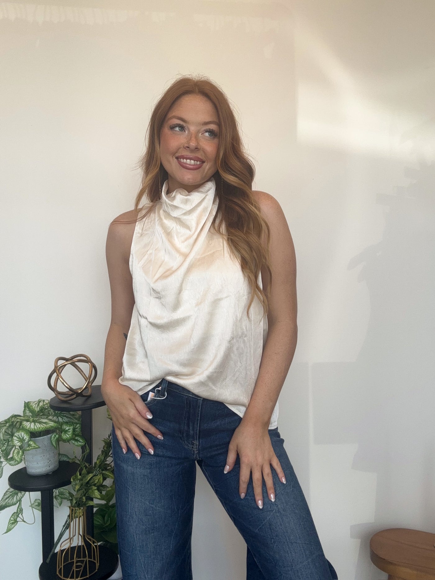 Satin Cowl Neck Blouse- Champagne