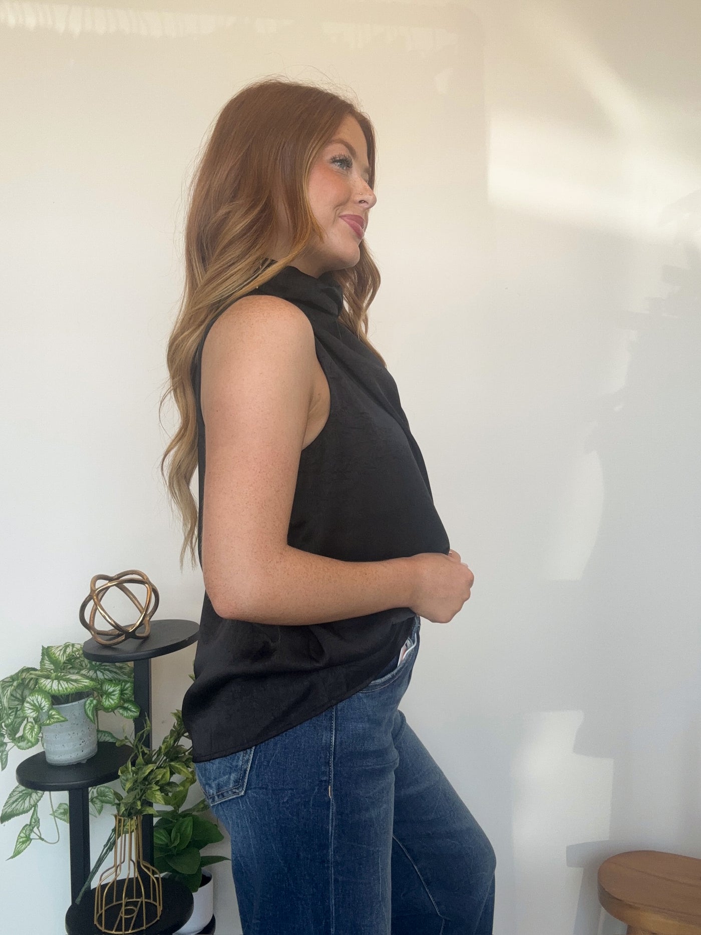 Satin Cowl Neck Blouse- Black