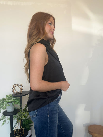 Satin Cowl Neck Blouse- Black