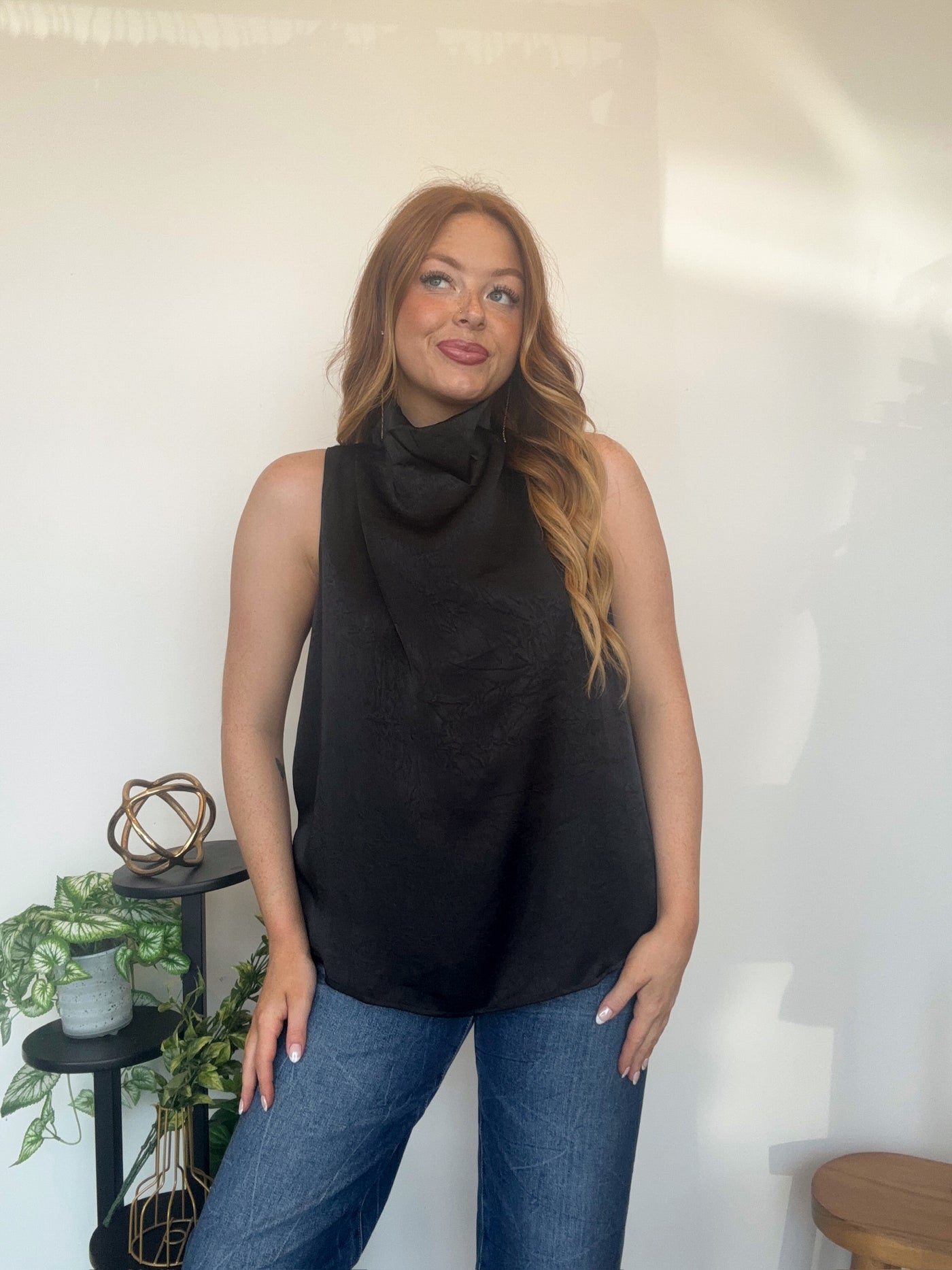 Satin Cowl Neck Blouse- Black