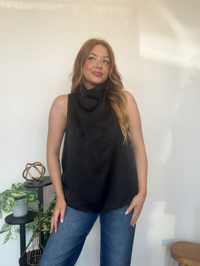Satin Cowl Neck Blouse- Black