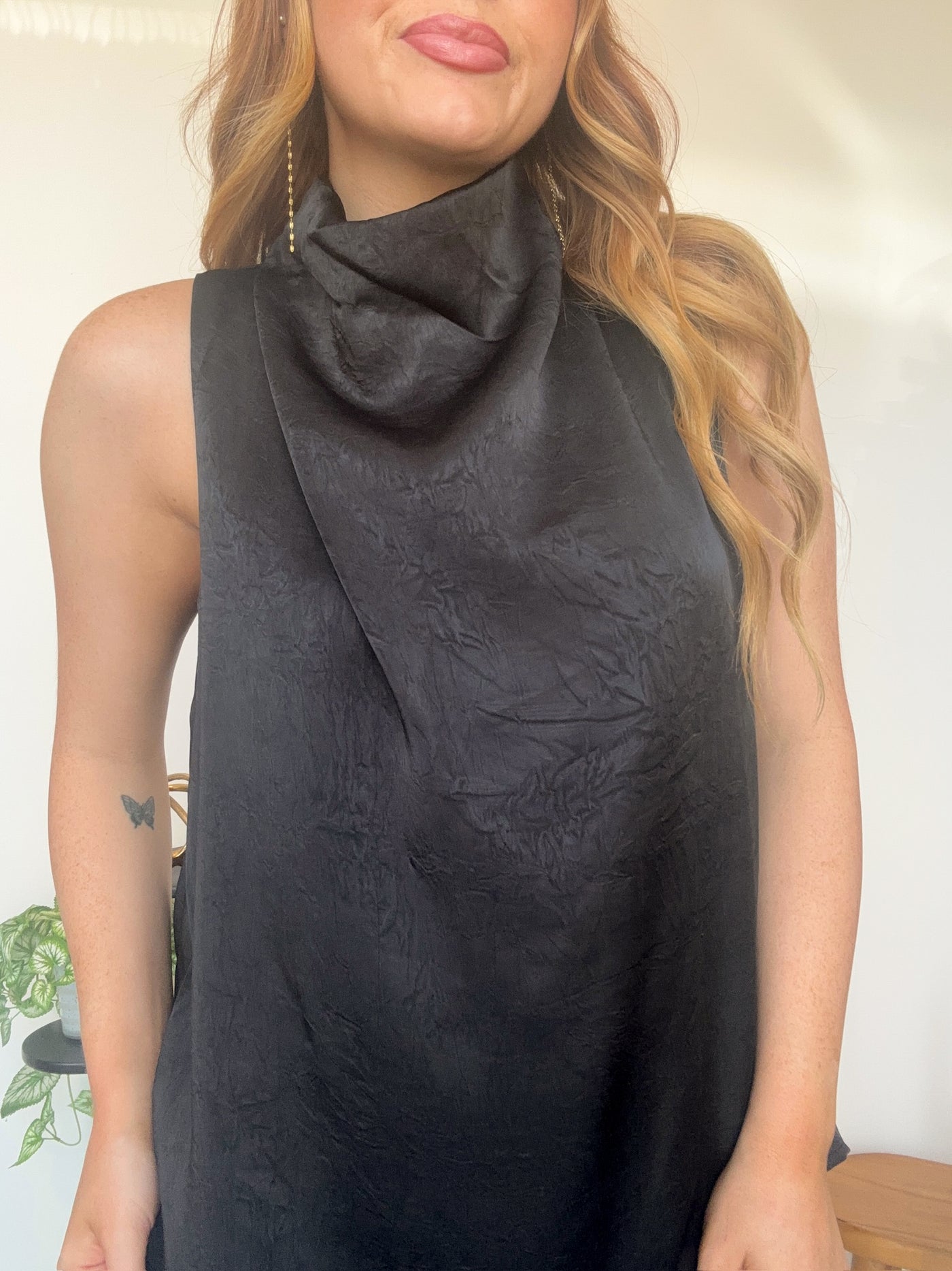 Satin Cowl Neck Blouse- Black