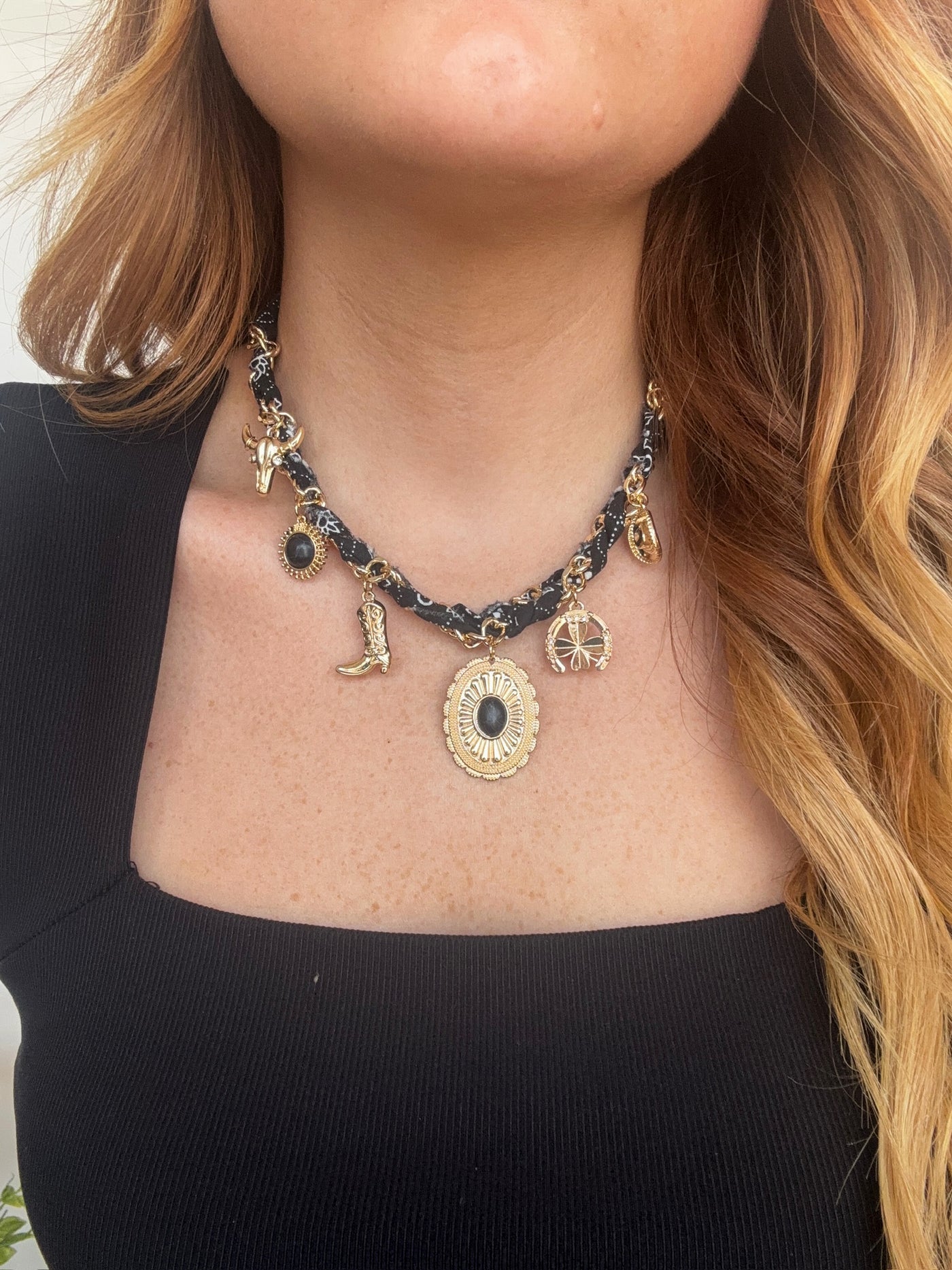 Charm Scarf Necklace- Black-190 - ACCESSORIES - JEWELRY-FAME ACCESSORIES-[option4]-[option5]-[option6]-Leather & Lace Boutique Shop