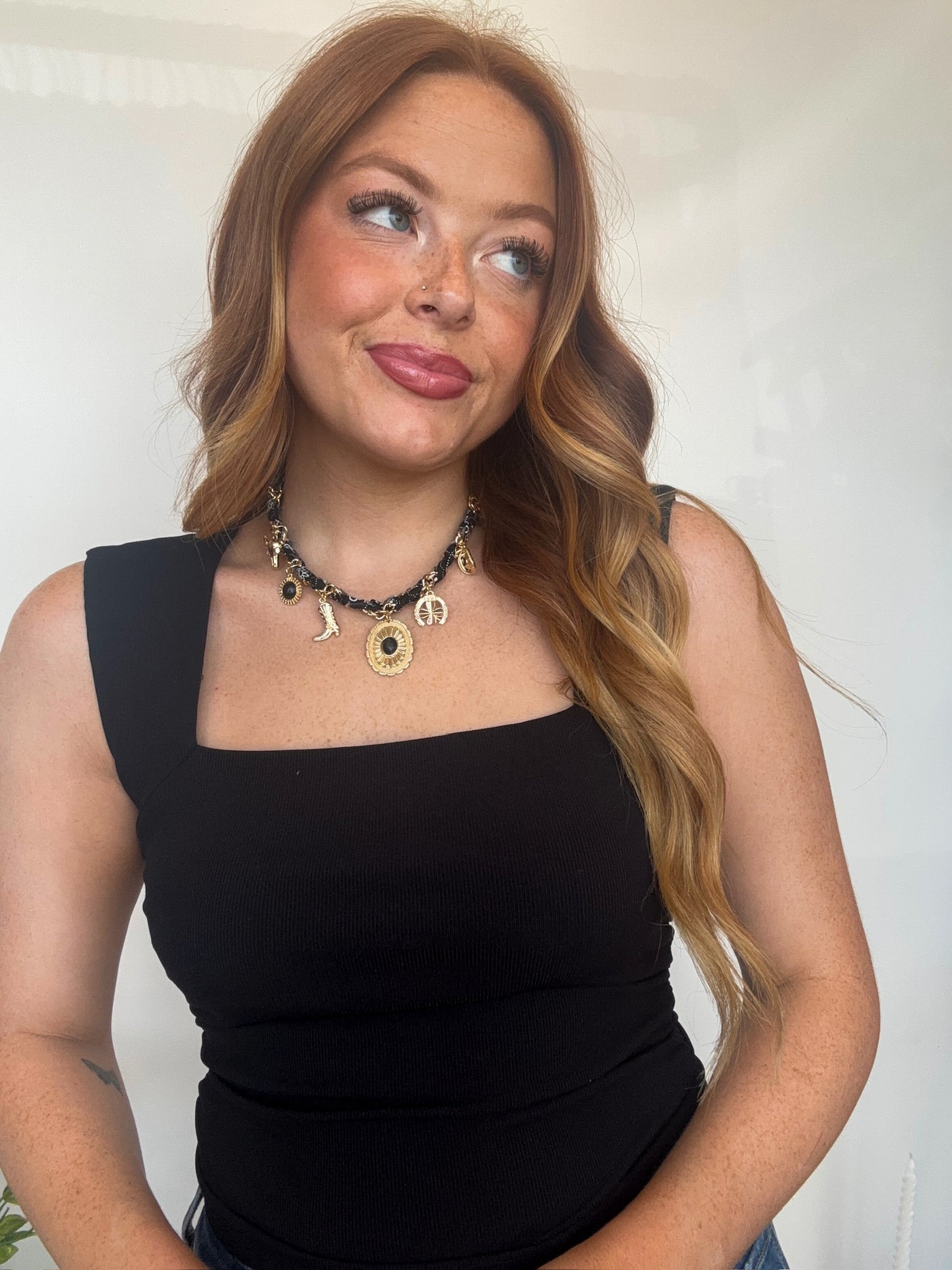 Charm Scarf Necklace- Black-190 - ACCESSORIES - JEWELRY-FAME ACCESSORIES-[option4]-[option5]-[option6]-Leather & Lace Boutique Shop