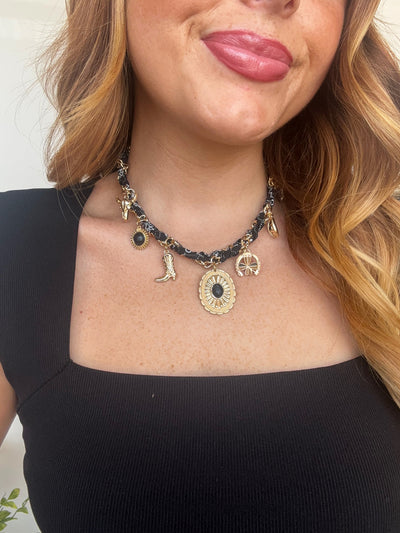 Charm Scarf Necklace- Black-190 - ACCESSORIES - JEWELRY-FAME ACCESSORIES-[option4]-[option5]-[option6]-Leather & Lace Boutique Shop