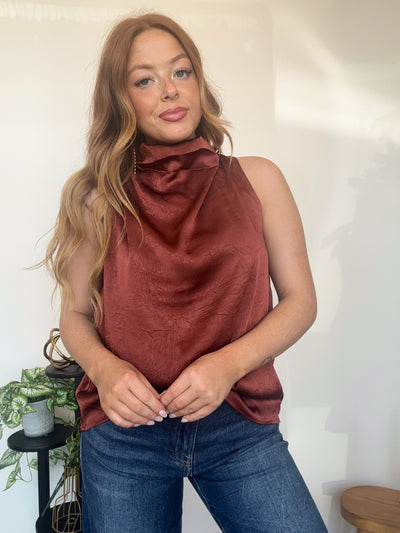 Satin Cowl Neck Blouse- Cognac