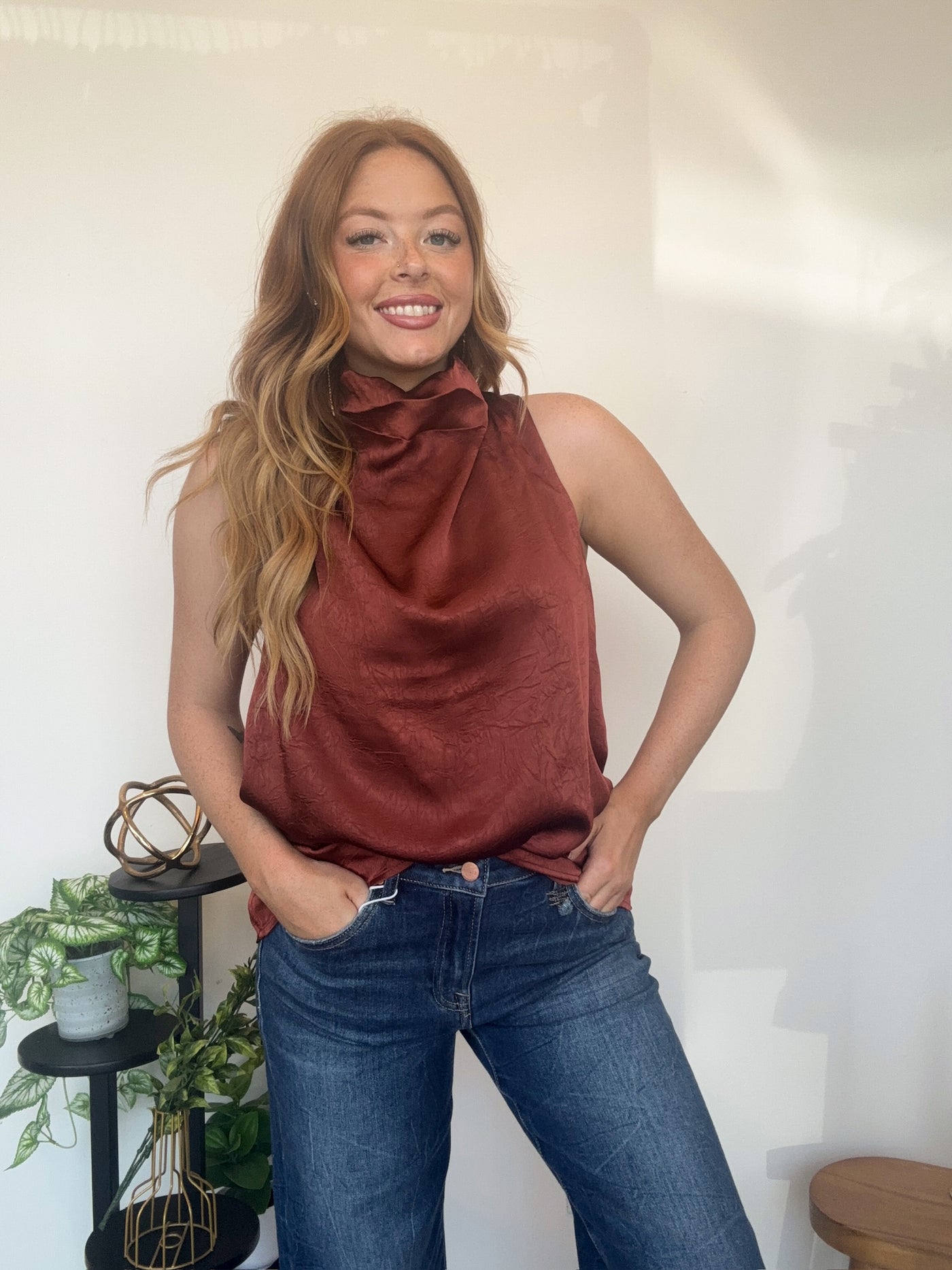 Satin Cowl Neck Blouse- Cognac