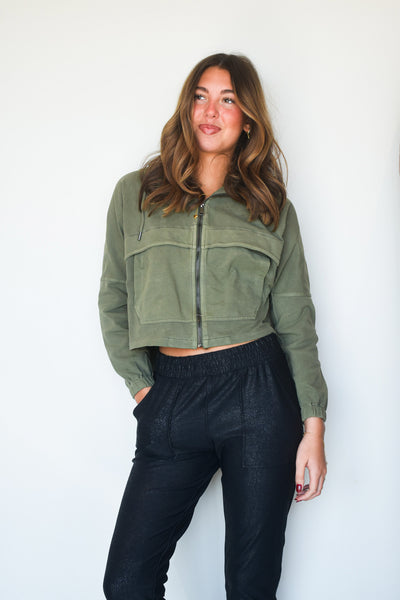 Mineral Wash Zip Up Jacket- Army Green-130 - TOPS - SWEATERS/SWEATSHIRTS-MONO B-[option4]-[option5]-[option6]-Leather & Lace Boutique Shop