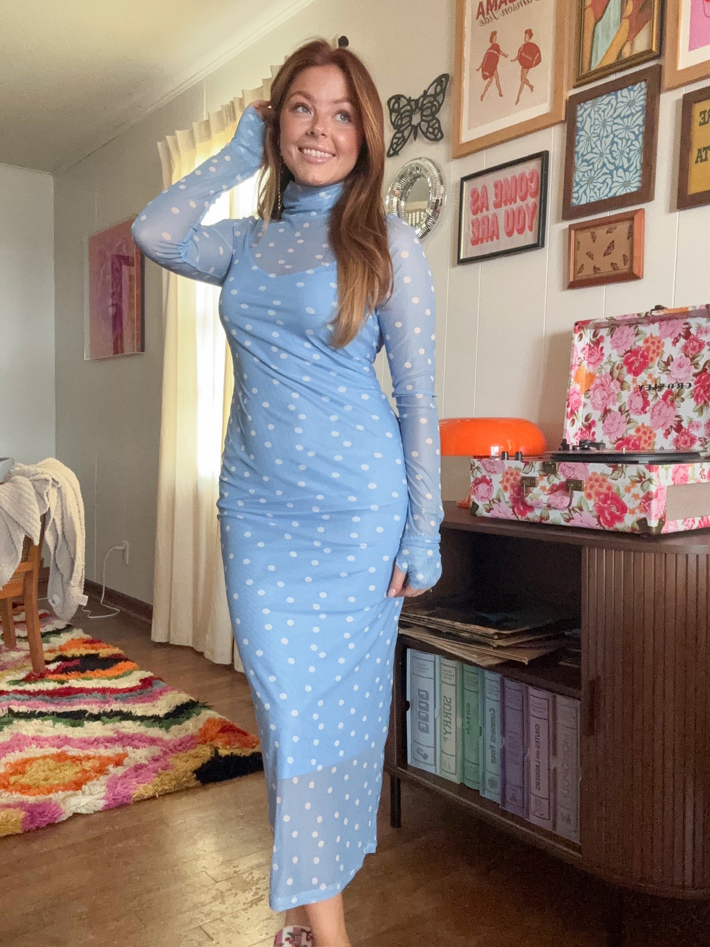 Polka Dot Layered Midi Dress- Blue