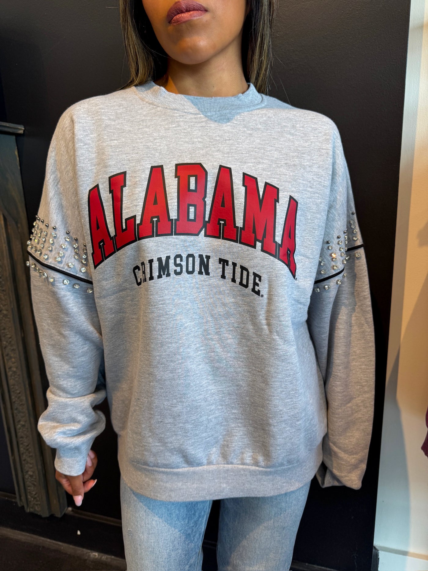 Alabama Oversized Rhinestone Shoulder Crewneck-130 - TOPS - SWEATERS/SWEATSHIRTS-GAMEDAY COUTURE-[option4]-[option5]-[option6]-Leather & Lace Boutique Shop