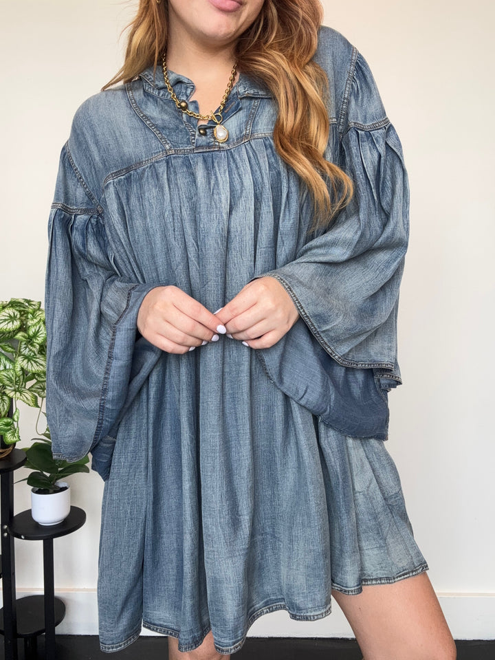 cute white graduation dresses Pleated Together Denim Dress