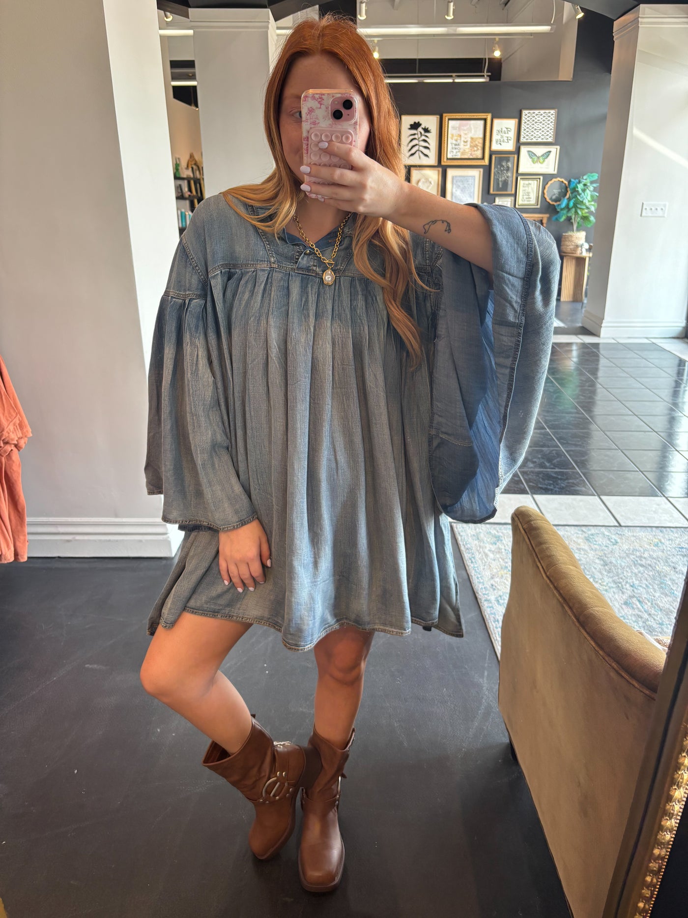 soft denim dress Pleated Together Denim Dress