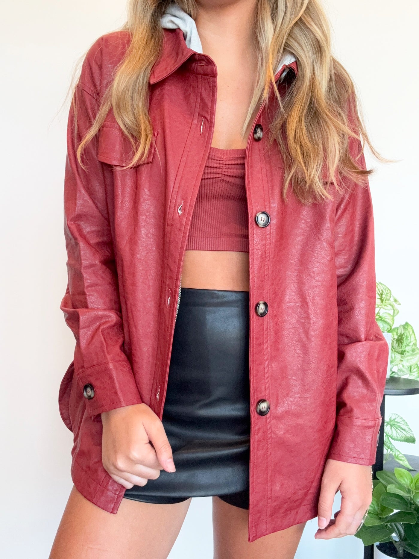 Layered Faux Leather Jacket- Crimson-140 - TOPS - LAYERS/OUTERWEAR-MYSTREE-[option4]-[option5]-[option6]-Leather & Lace Boutique Shop