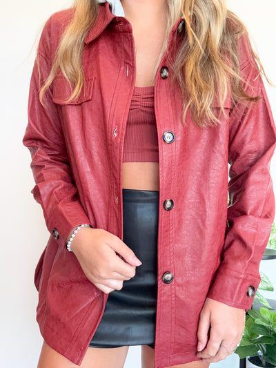 Layered Faux Leather Jacket- Crimson-140 - TOPS - LAYERS/OUTERWEAR-MYSTREE-[option4]-[option5]-[option6]-Leather & Lace Boutique Shop