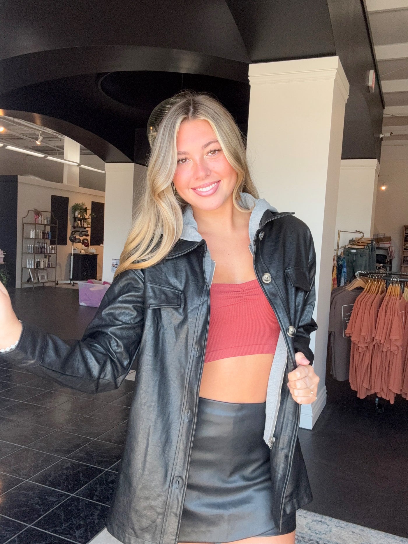 Layered Faux Leather Jacket- Black-140 - TOPS - LAYERS/OUTERWEAR-MYSTREE-[option4]-[option5]-[option6]-Leather & Lace Boutique Shop