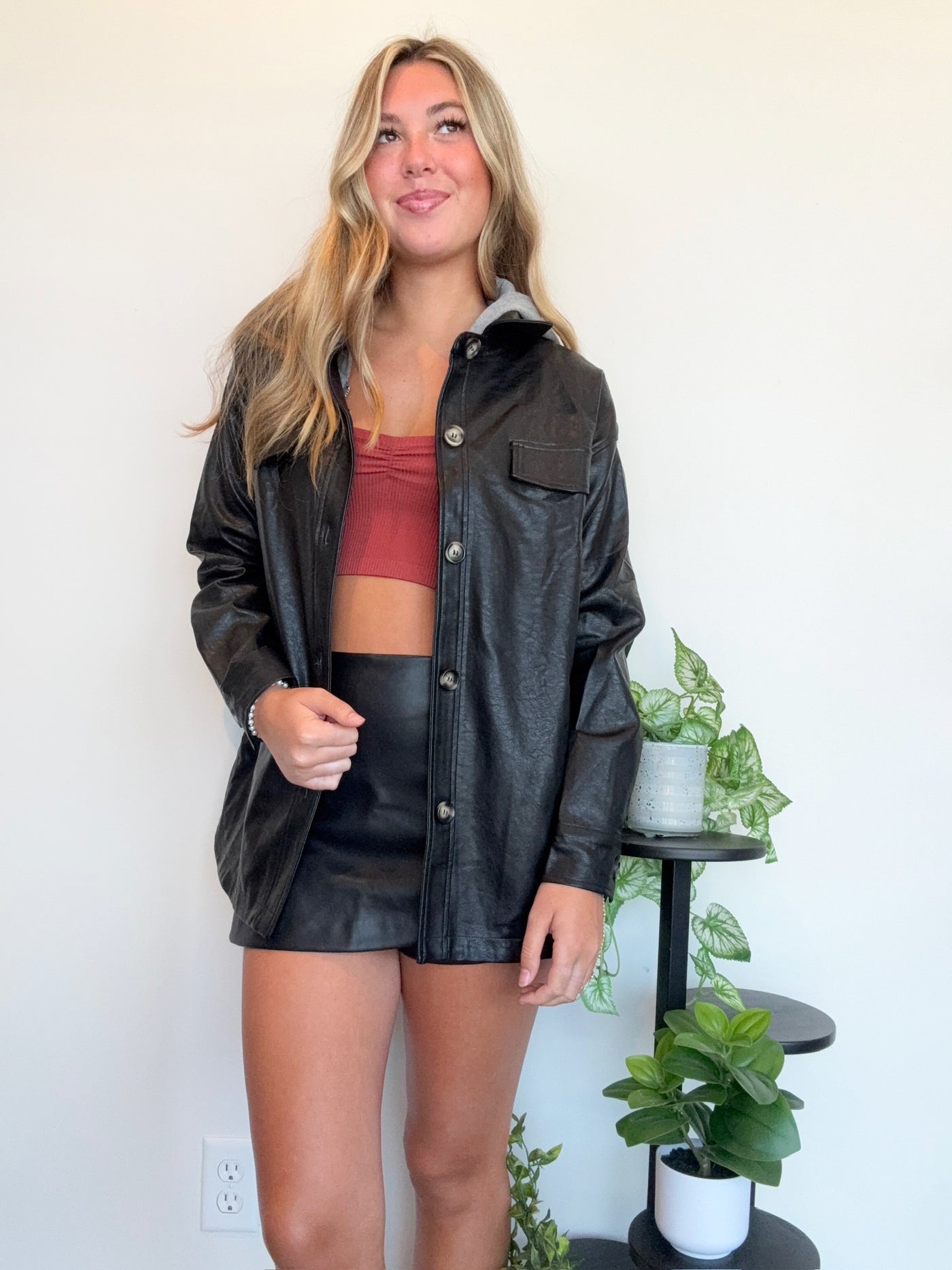 Layered Faux Leather Jacket- Black-140 - TOPS - LAYERS/OUTERWEAR-MYSTREE-[option4]-[option5]-[option6]-Leather & Lace Boutique Shop