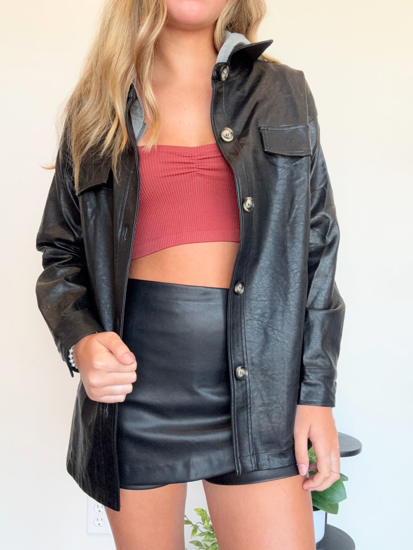 Layered Faux Leather Jacket- Black-140 - TOPS - LAYERS/OUTERWEAR-MYSTREE-[option4]-[option5]-[option6]-Leather & Lace Boutique Shop